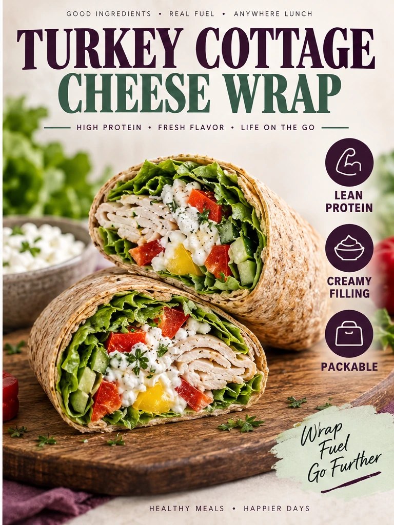 Whole-grain wrap with turkey, cottage cheese, lettuce, and peppers in a plum infographic.