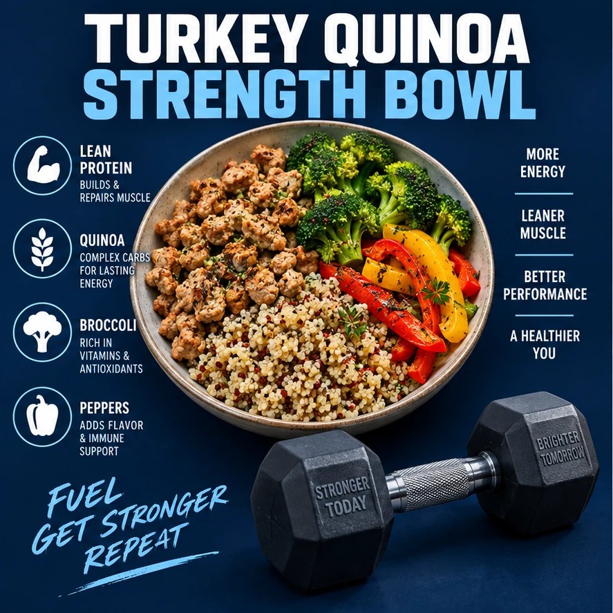 Turkey, quinoa, broccoli, peppers, and a dumbbell in a navy strength-meal infographic.