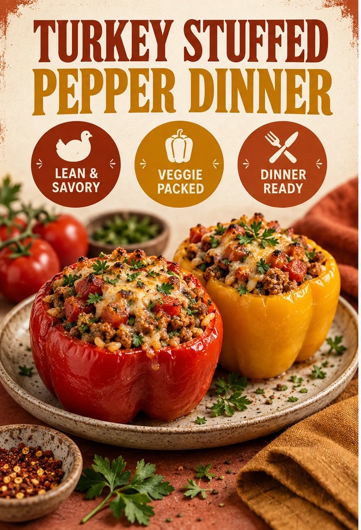 Red and yellow peppers filled with lean turkey, tomato, vegetables, and herbs in a terracotta infographic.