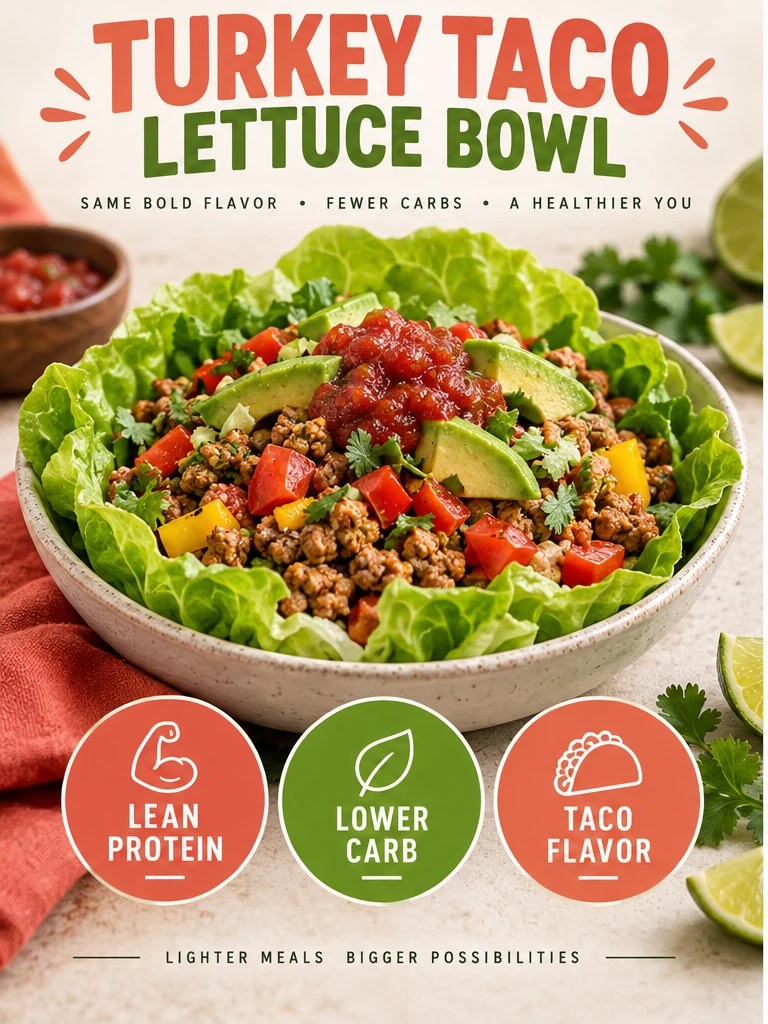 Turkey taco bowl with lettuce, tomatoes, peppers, avocado, and salsa in a coral infographic.