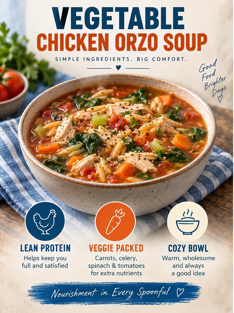 Chicken orzo soup with carrots, celery, spinach, and tomatoes in a blue infographic.