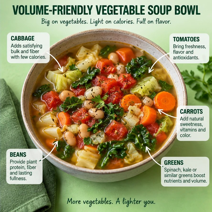 Broth-based soup with cabbage, tomatoes, carrots, beans, and greens in a green infographic.