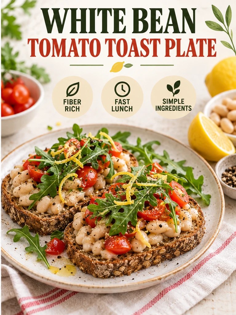Whole-grain toast topped with white beans, tomatoes, arugula, and lemon in a bright recipe infographic.