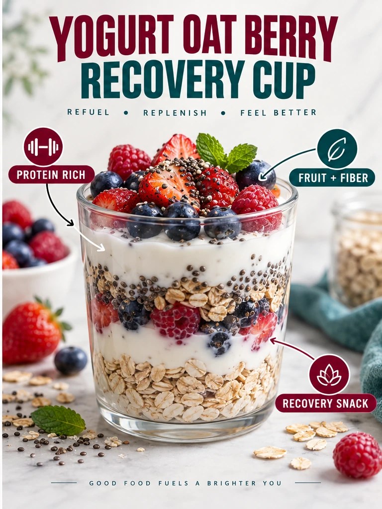 Greek yogurt, oats, berries, and chia layered in a recovery cup infographic.