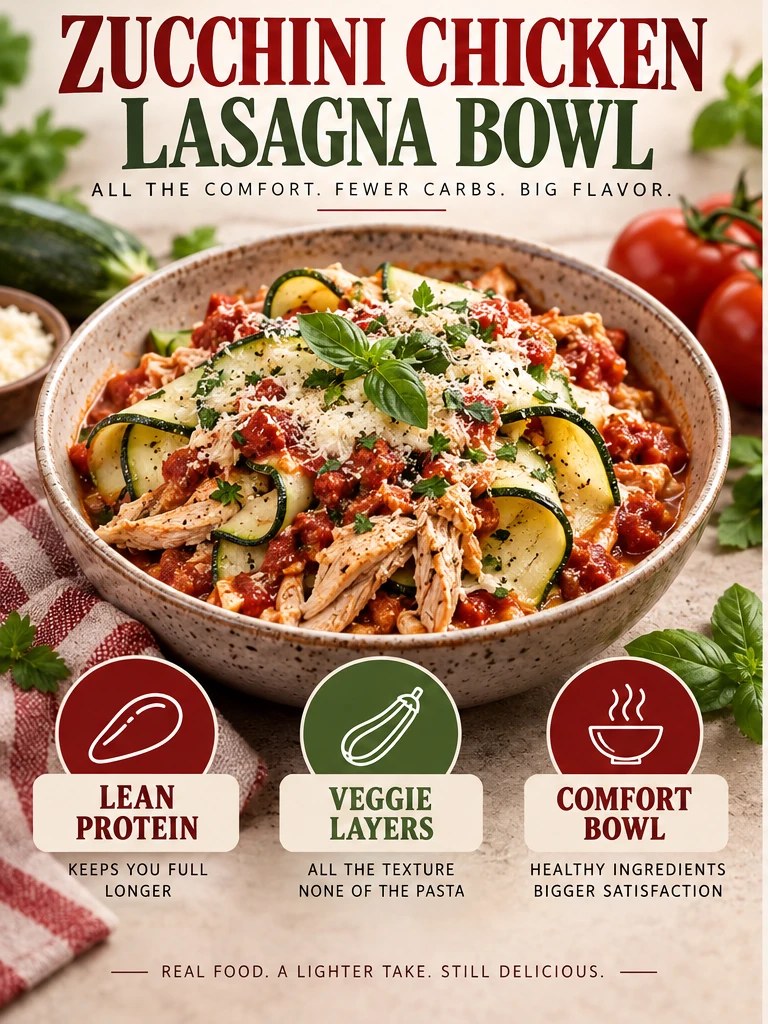 Chicken, zucchini ribbons, tomato sauce, herbs, and light cheese in a red infographic.