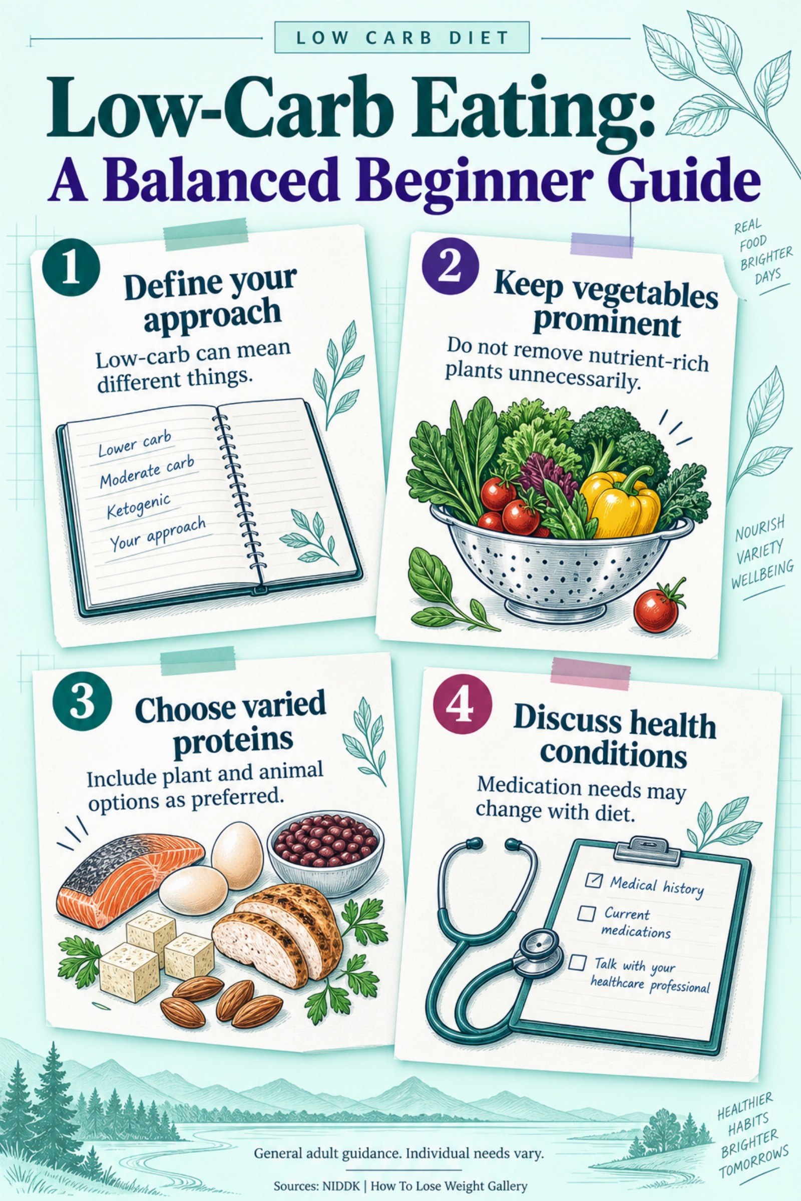 Colorful infographic titled Low-Carb Eating: A Balanced Beginner Guide with four illustrated tips for Low Carb Diet.