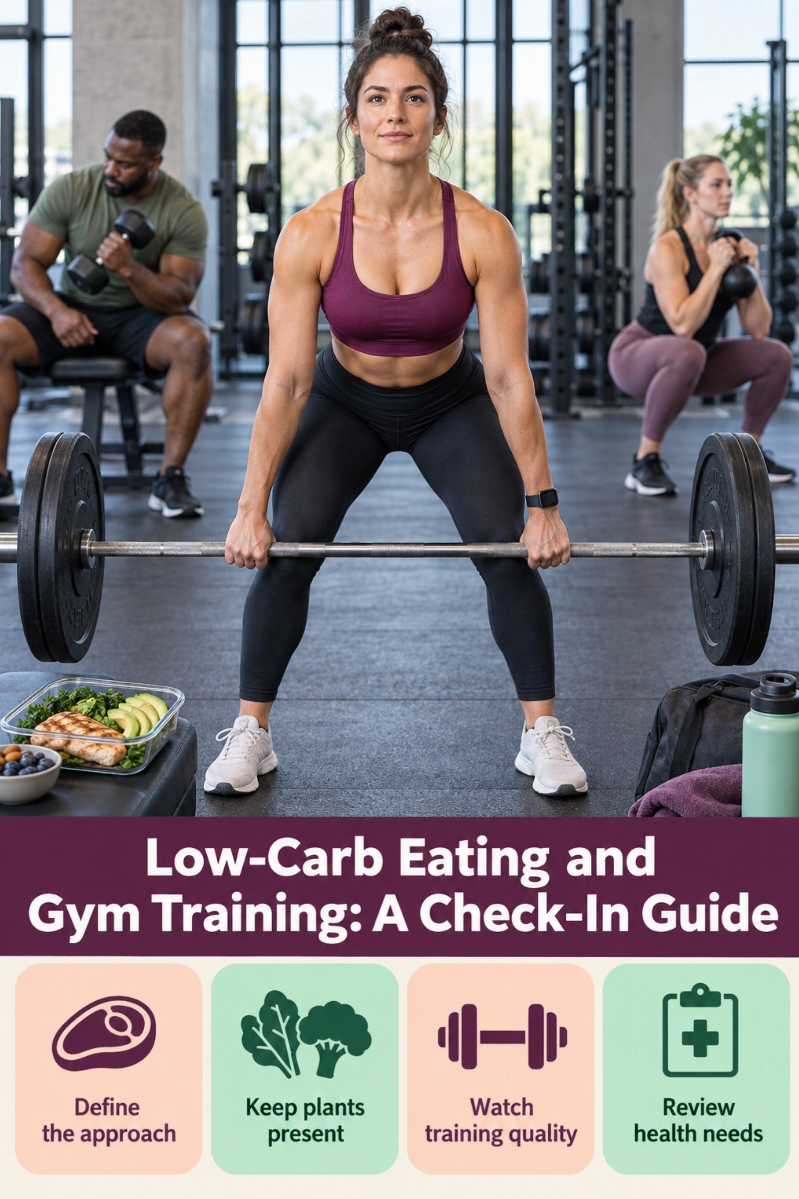 Clinical journal layout with gym performance and meal-quality checkboxes. The image supports Low-Carb Eating and Gym Training: A Check-In Guide.