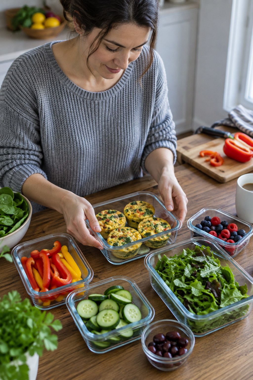 Adult arranging egg muffins, peppers, cucumber, leafy greens, olives, and berries in glass lunch containers.