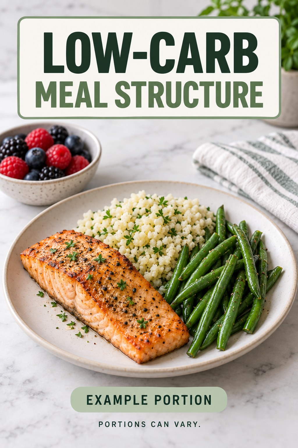 Low-Carb Meal Structure visual using salmon, cauliflower rice, green beans, and berries as flexible example portions for Low Carb Meals.