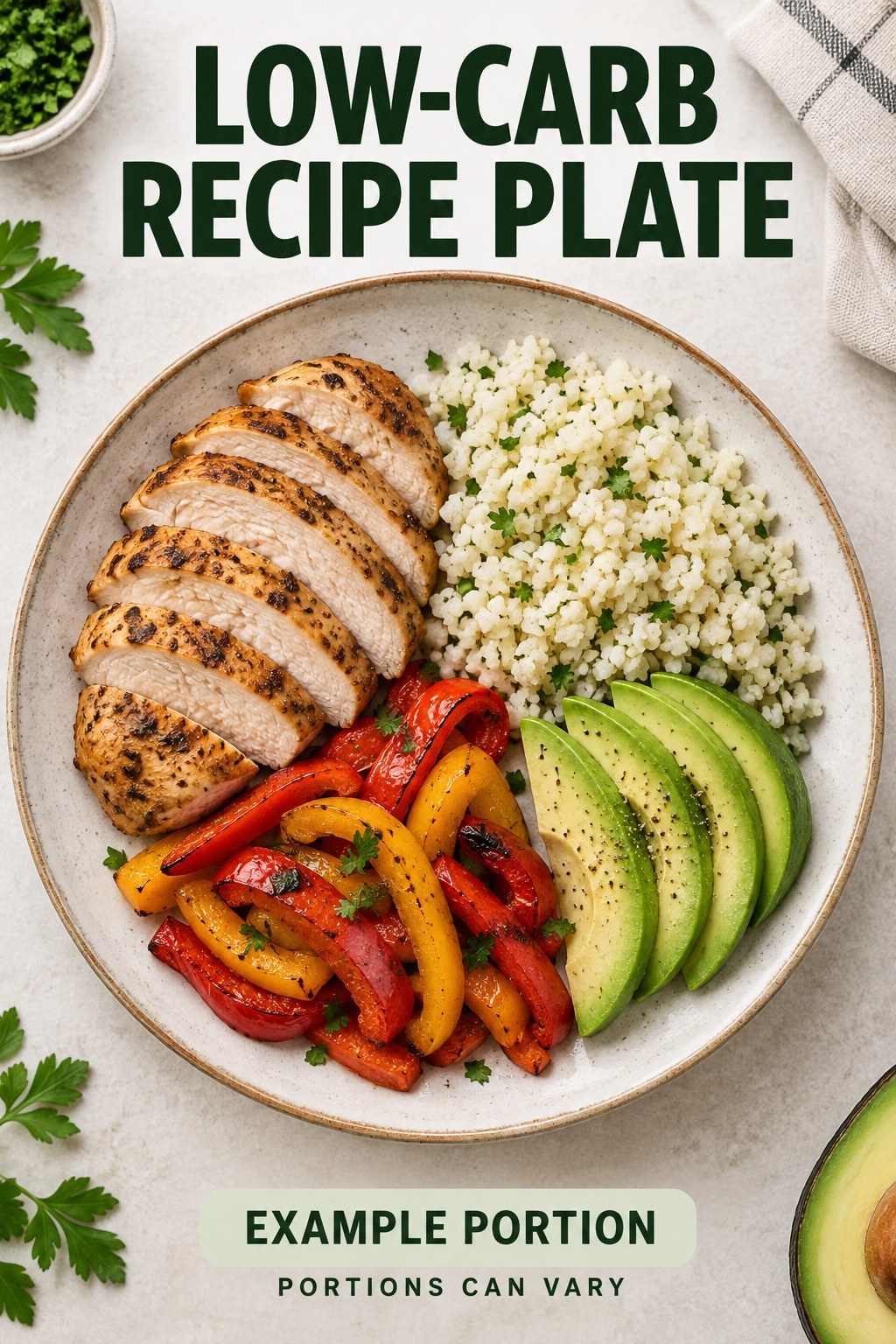 Low-Carb Recipe Plate visual using turkey, cauliflower rice, roasted peppers, and avocado as flexible example portions for Low Carb Recipes.