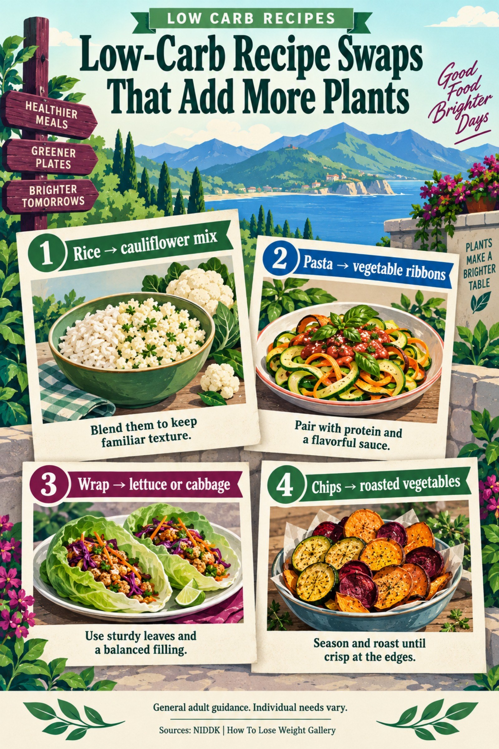 Colorful infographic titled Low-Carb Recipe Swaps That Add More Plants with four illustrated tips for Low Carb Recipes.