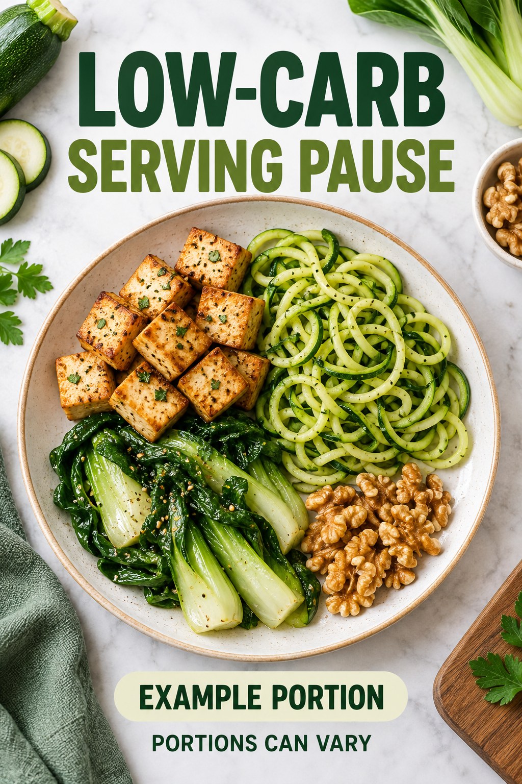 Low-Carb Serving Pause visual using tofu, zucchini noodles, bok choy, and walnuts as flexible example portions for Keto Recipes.