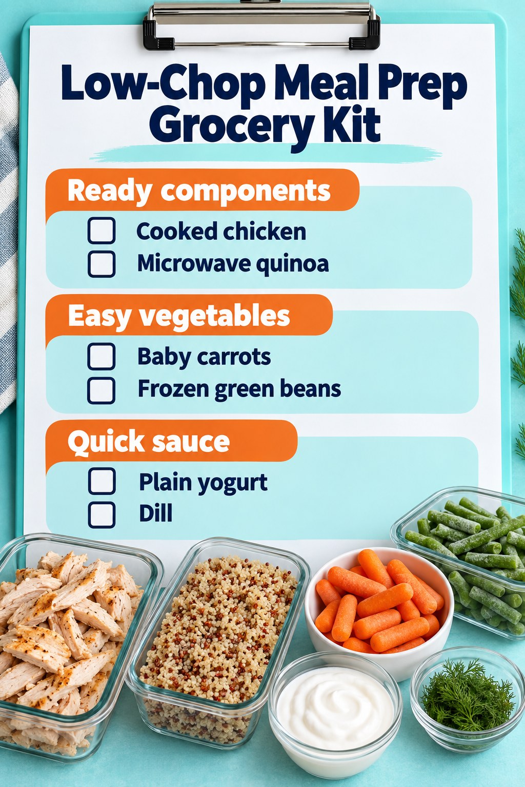 Aqua clipboard grocery list showing cooked chicken, microwave quinoa, baby carrots, frozen green beans, yogurt and dill.