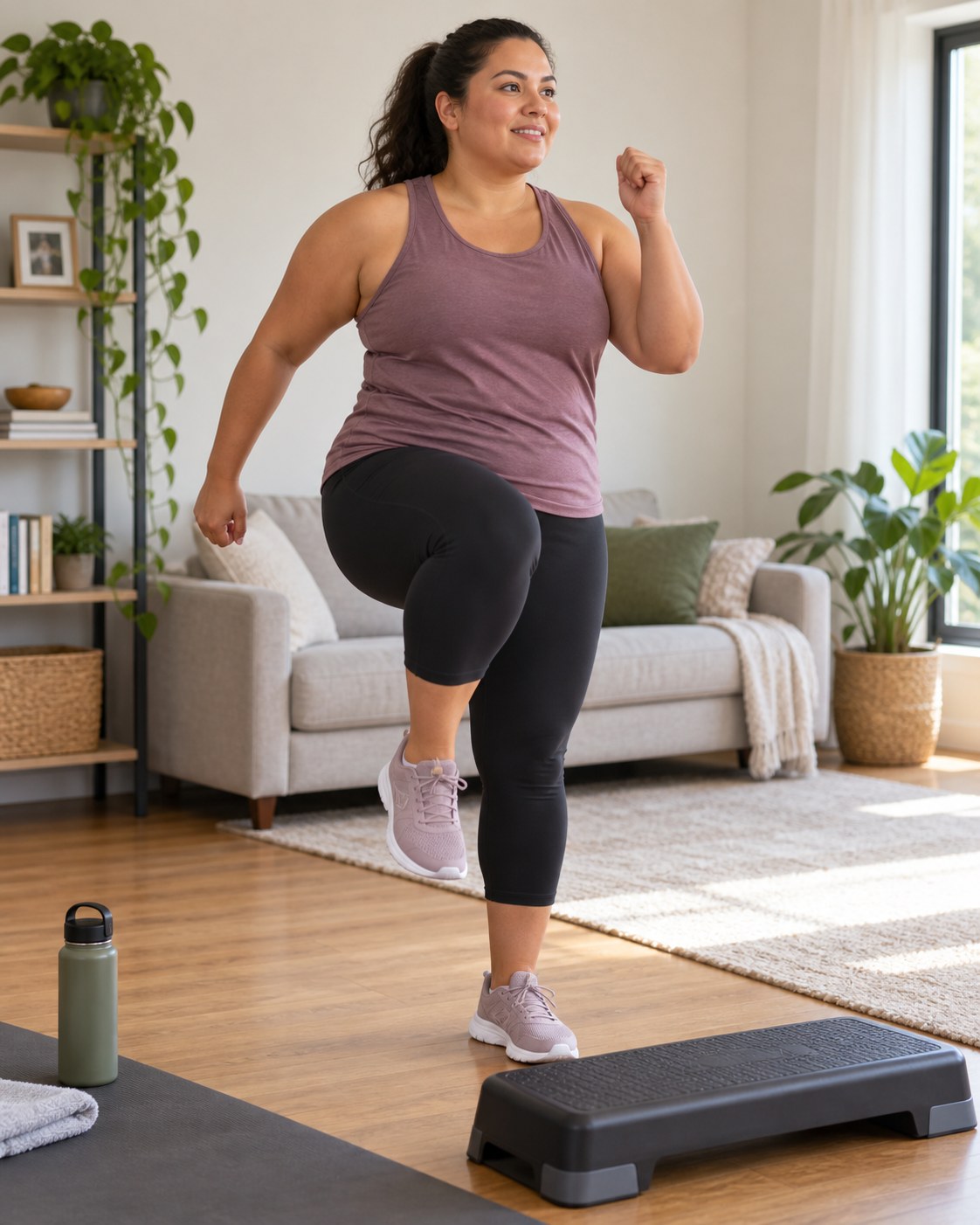 Adult doing low-impact marching intervals beside a step platform and water bottle in a clear living room