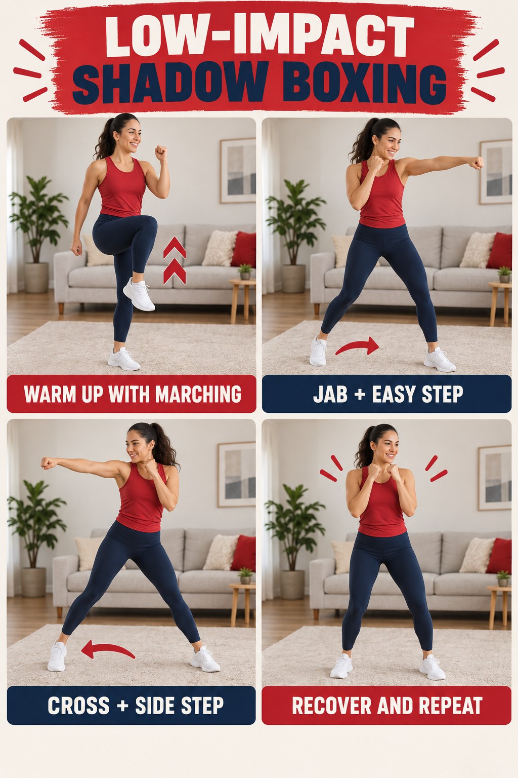 Low-impact shadow boxing infographic showing marching warm-up, jab with easy step, cross with side step, and recovery.