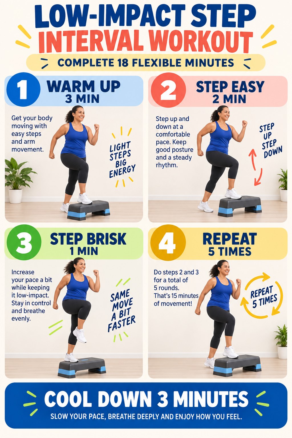 Low-impact step interval infographic with warm-up, step-ups, recovery marching, repeats, and cool-down.