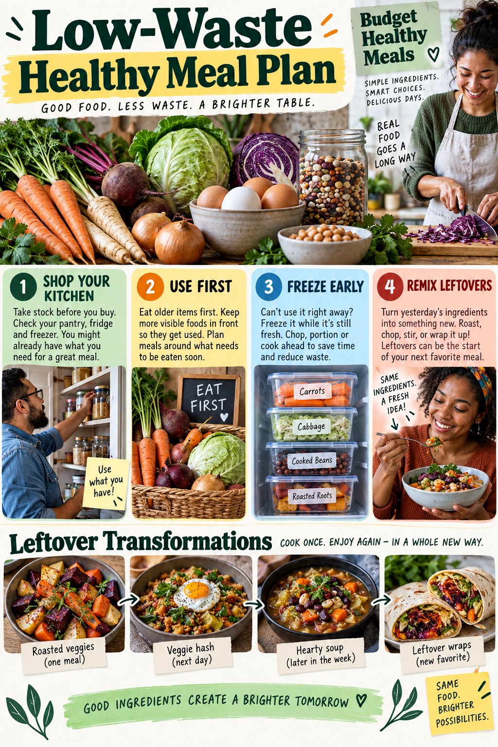Portrait infographic showing a low-waste meal plan with kitchen inventory, root vegetables, cabbage, eggs, beans, freezer portions, and remixed leftovers.