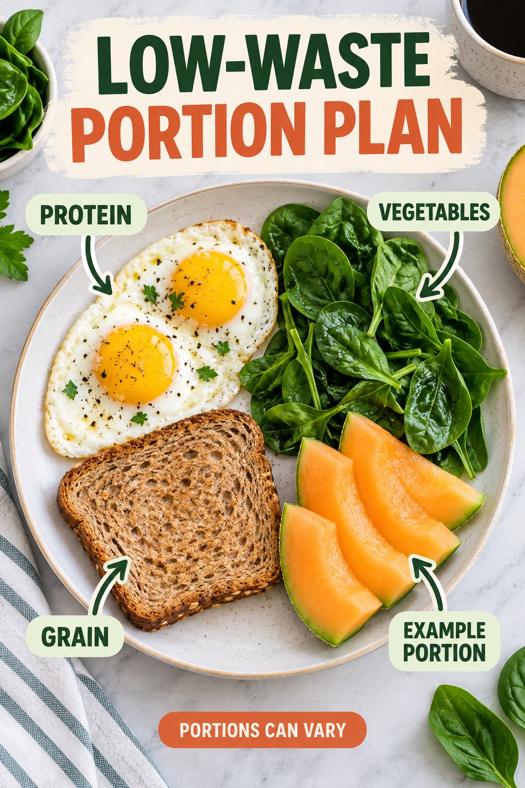 Low-Waste Portion Plan visual using eggs, whole-grain toast, spinach, and melon as flexible example portions for Budget Healthy Meals.