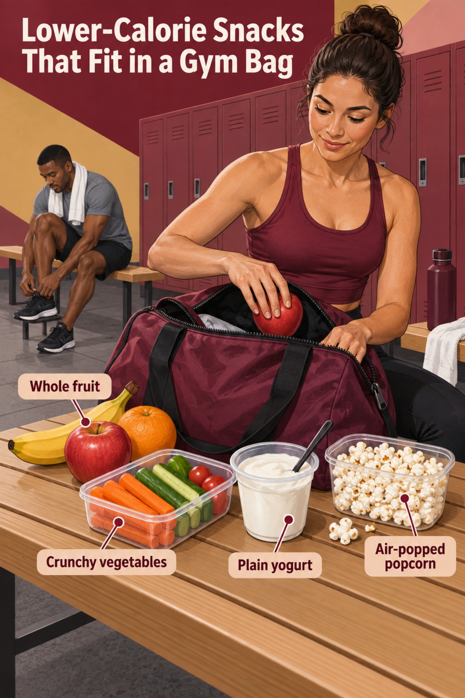 Compact gym-bag flat lay with fruit, vegetables, yogurt, and popcorn. The image supports Lower-Calorie Snacks That Fit in a Gym Bag.