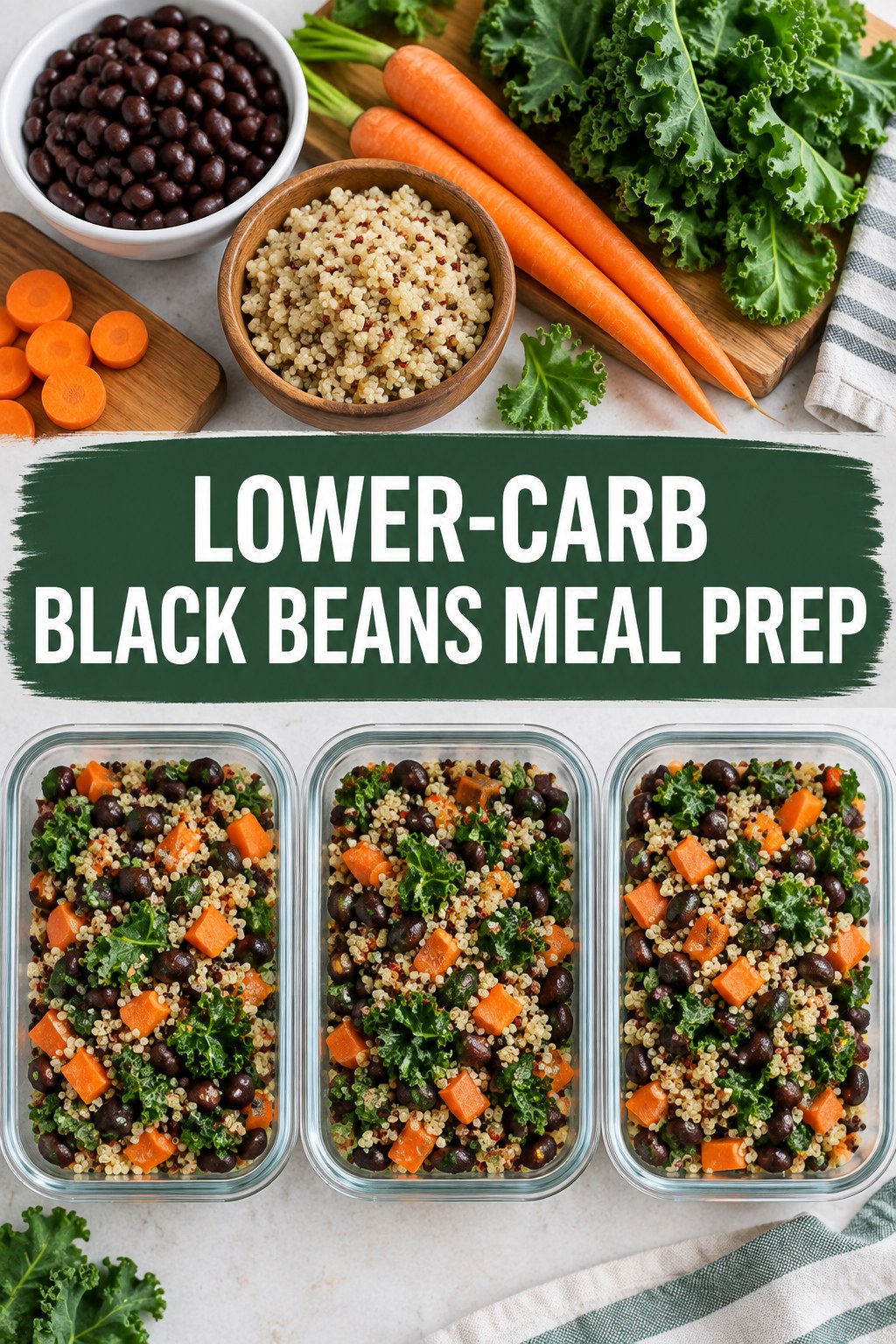 Three containers of lower-carb black beans quinoa prep boxes with black beans, quinoa, carrot, and kale.