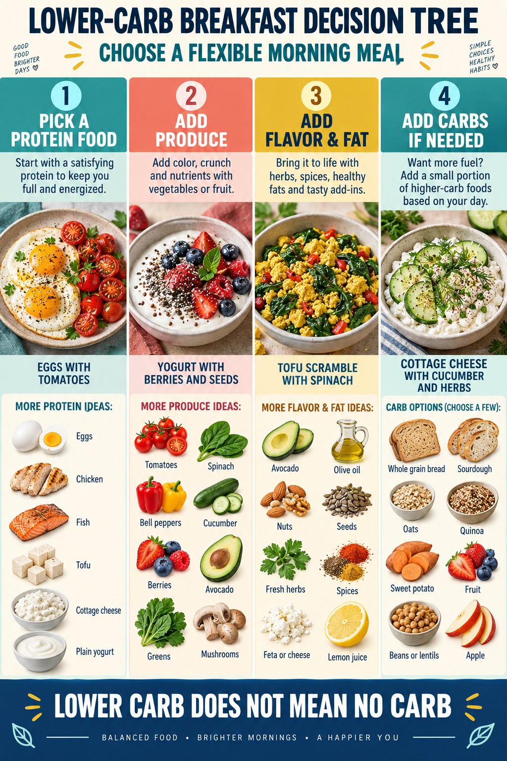 Lower-carb breakfast decision tree with protein foods, vegetables, fruit, fats, and optional whole grains.