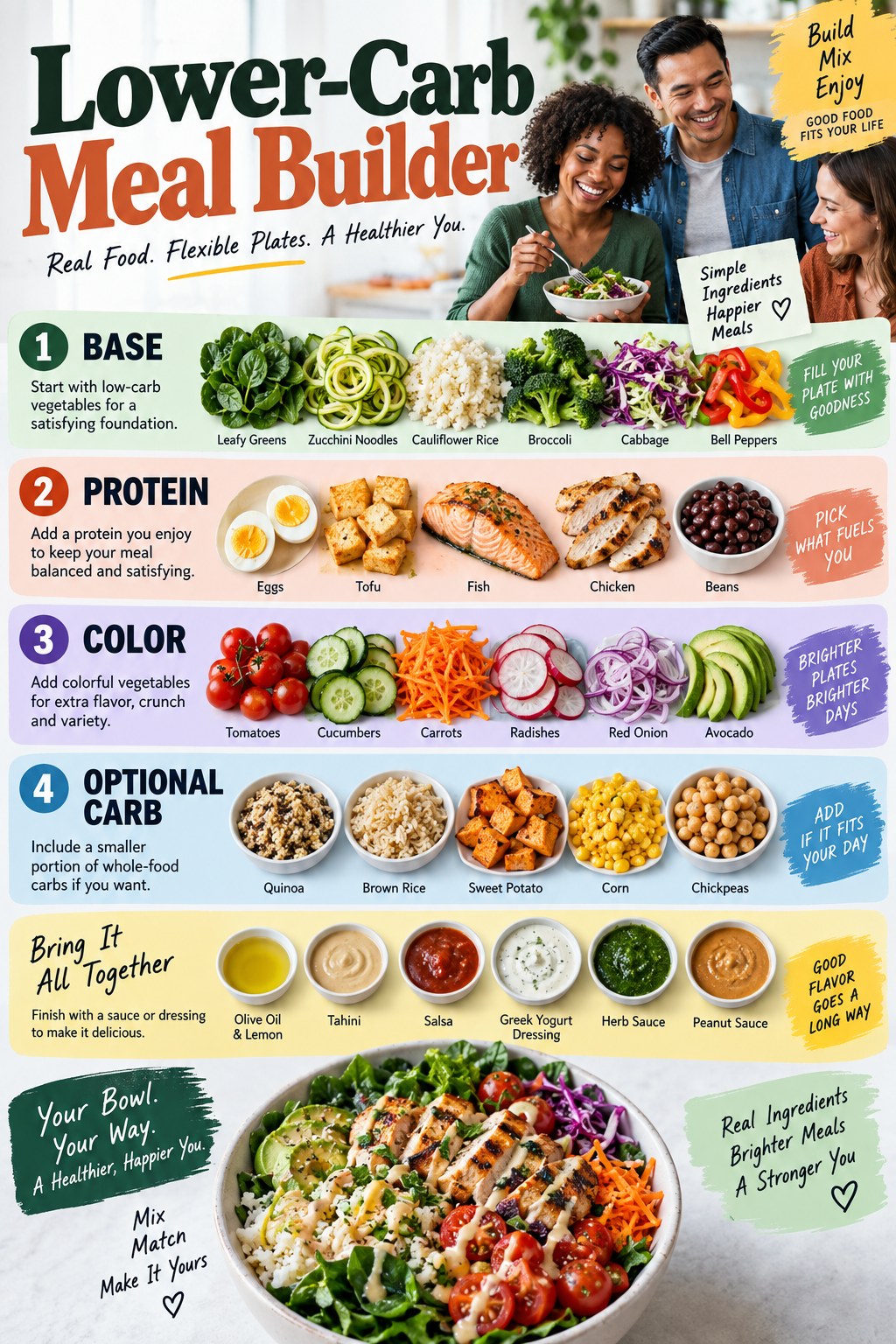Portrait infographic showing a lower-carb meal builder with vegetable bases, eggs tofu fish chicken or beans, colorful produce, sauces, and optional carbohydrates.