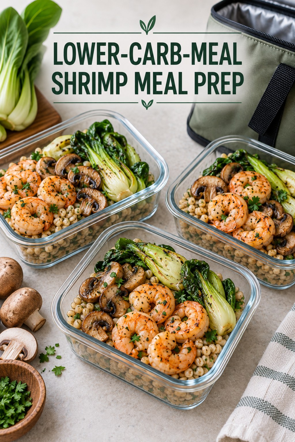 Three containers of lower-carb-meal shrimp barley prep boxes with shrimp, barley, mushrooms, and bok choy.