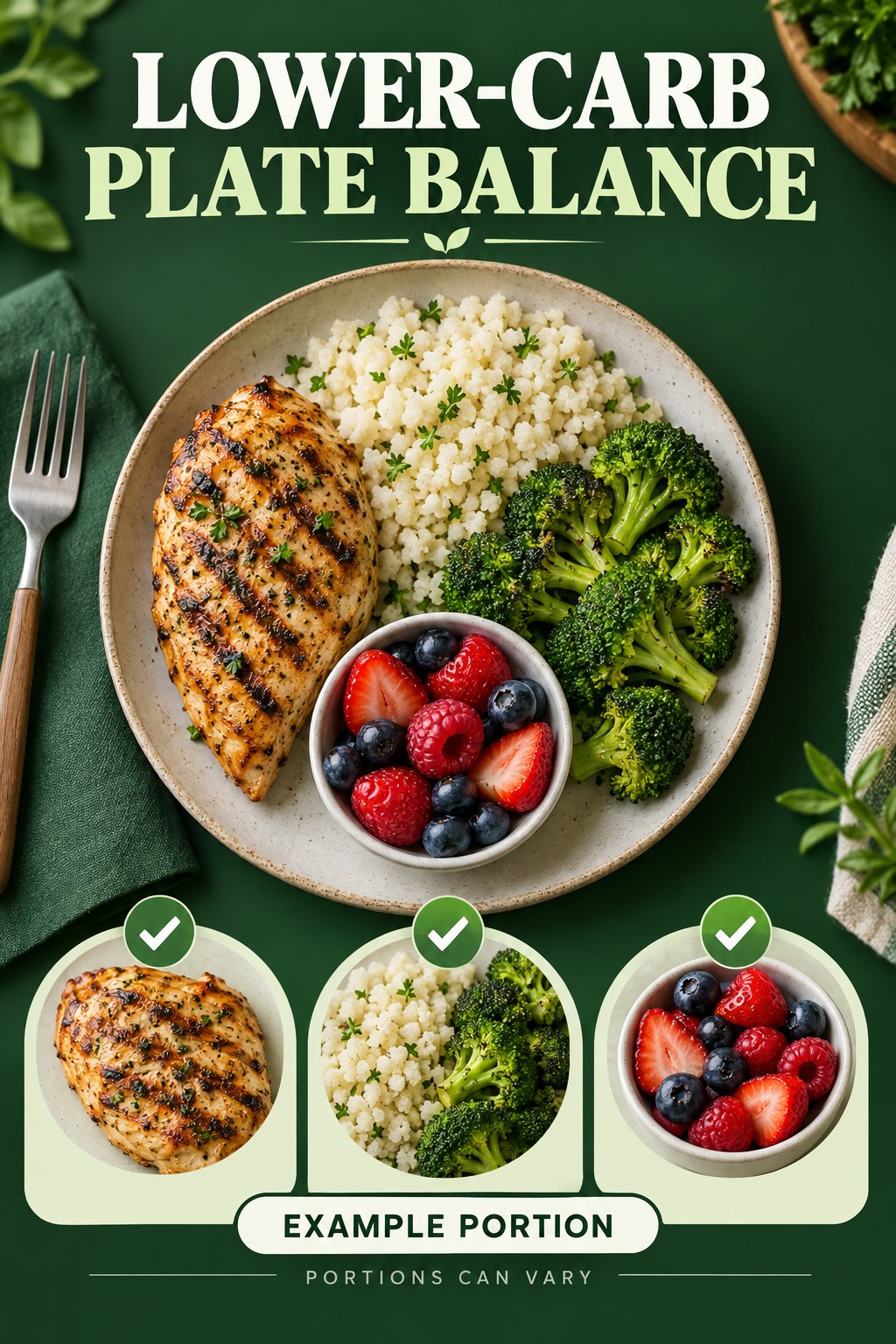 Lower-Carb Plate Balance visual using grilled chicken, cauliflower rice, broccoli, and berries as flexible example portions for Low Carb Diet.