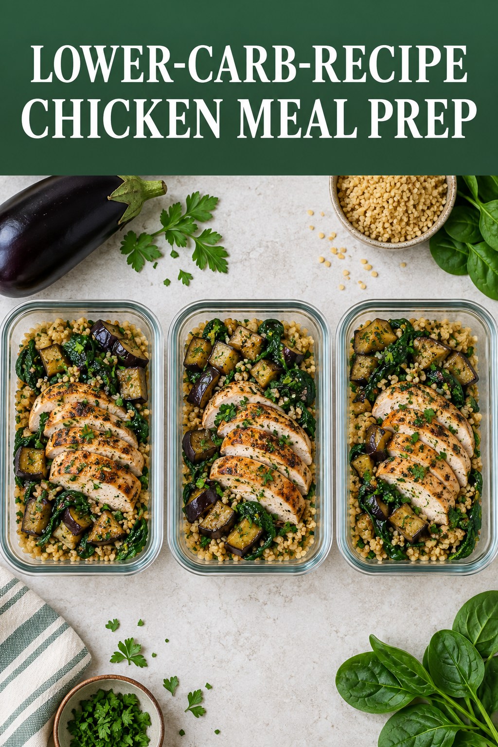 Three containers of lower-carb-recipe chicken bulgur prep boxes with chicken, bulgur, eggplant, and spinach.