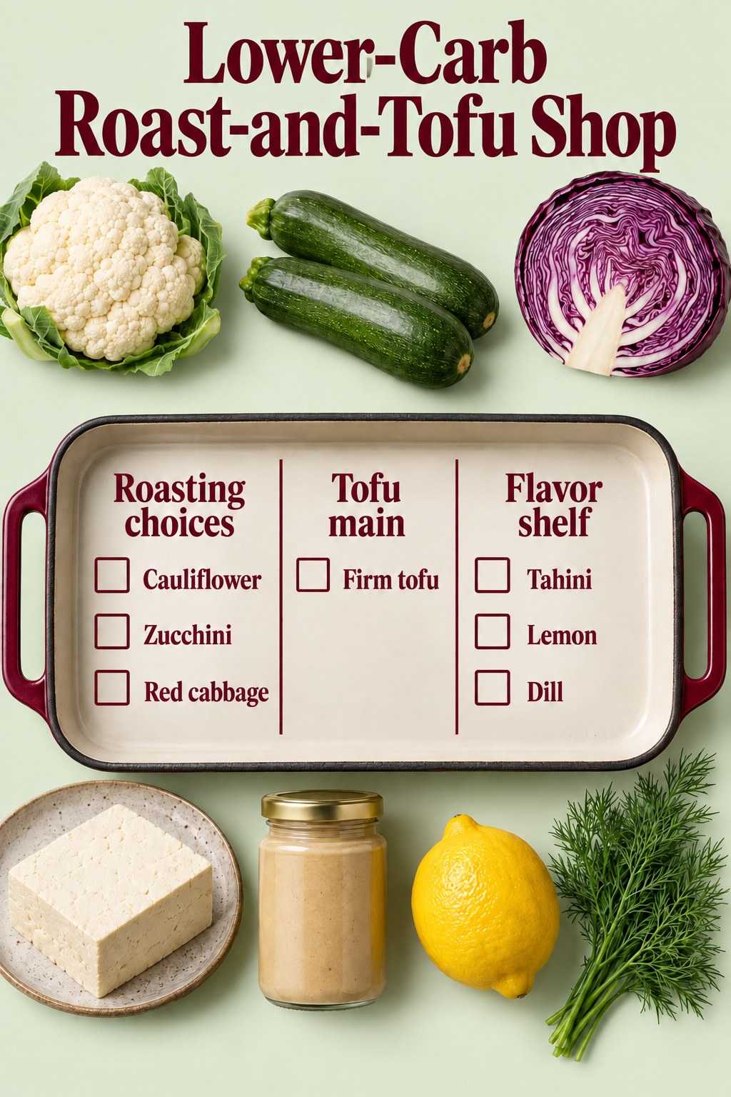 Sage roasting-pan grocery checklist with cauliflower, zucchini, red cabbage, firm tofu, tahini, lemon and dill.