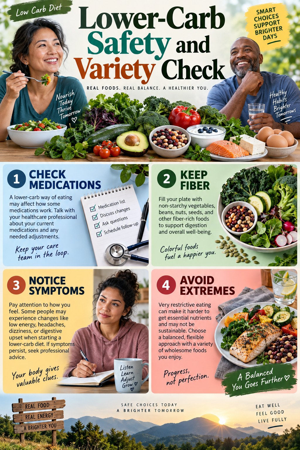 Portrait infographic showing a lower-carb safety check with medication list, fiber foods, symptom notes, balanced meals, water, and an avoid-extremes reminder.