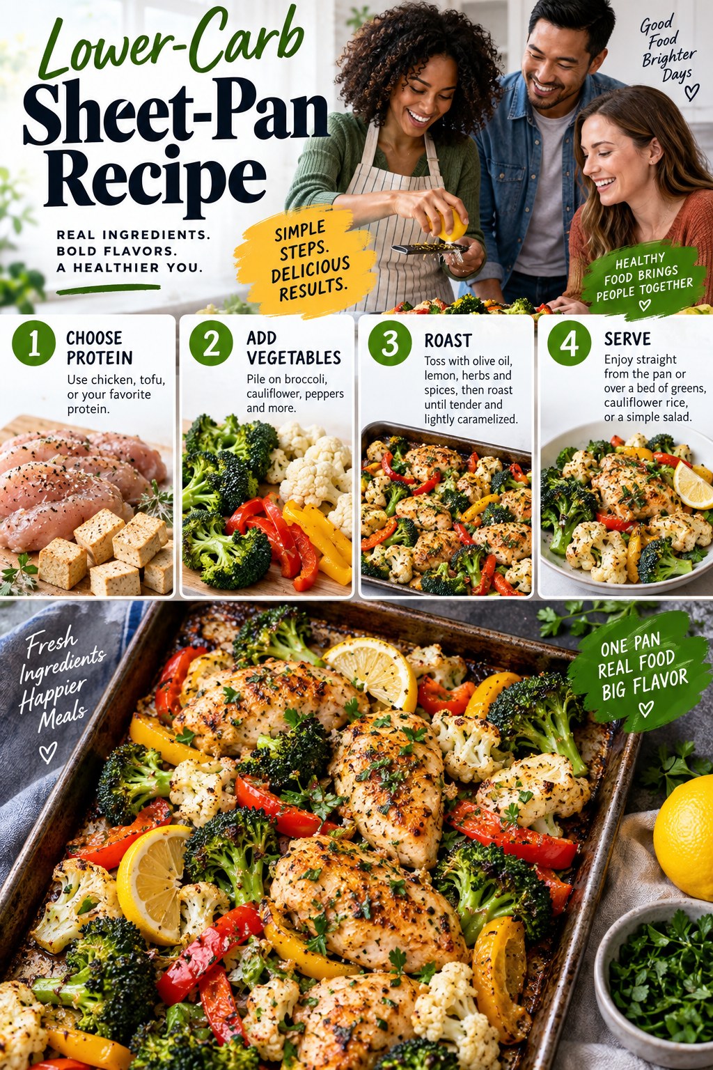 Portrait infographic showing a lower-carb sheet-pan recipe with chicken or tofu, broccoli, cauliflower, peppers, lemon and herbs.