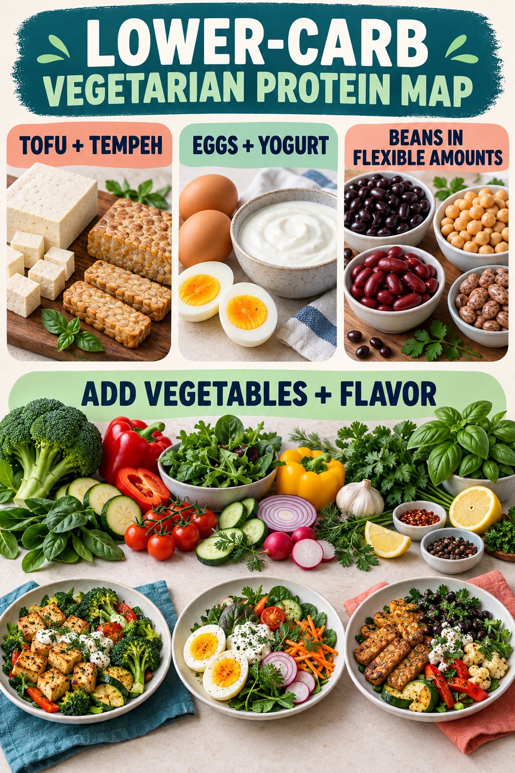 Lower-carb vegetarian protein map infographic with tofu, tempeh, eggs, yogurt, beans, vegetables, herbs, and three flexible plates.