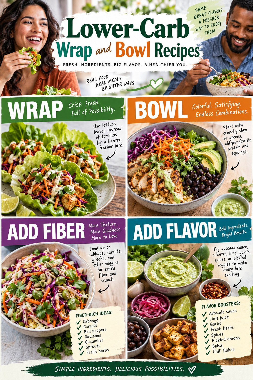 Portrait infographic showing lower-carb lettuce wraps and cabbage slaw bowls with beans tofu or chicken, avocado sauce and fiber-rich vegetables.
