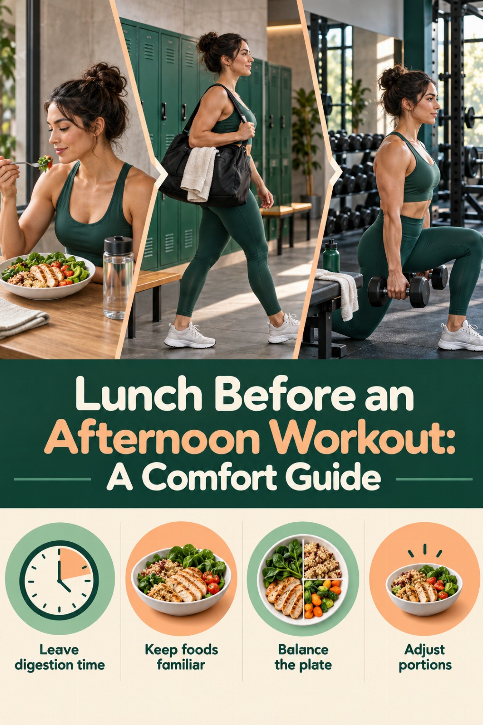 Side-profile timeline from lunch plate to afternoon gym equipment. The image supports Lunch Before an Afternoon Workout: A Comfort Guide.