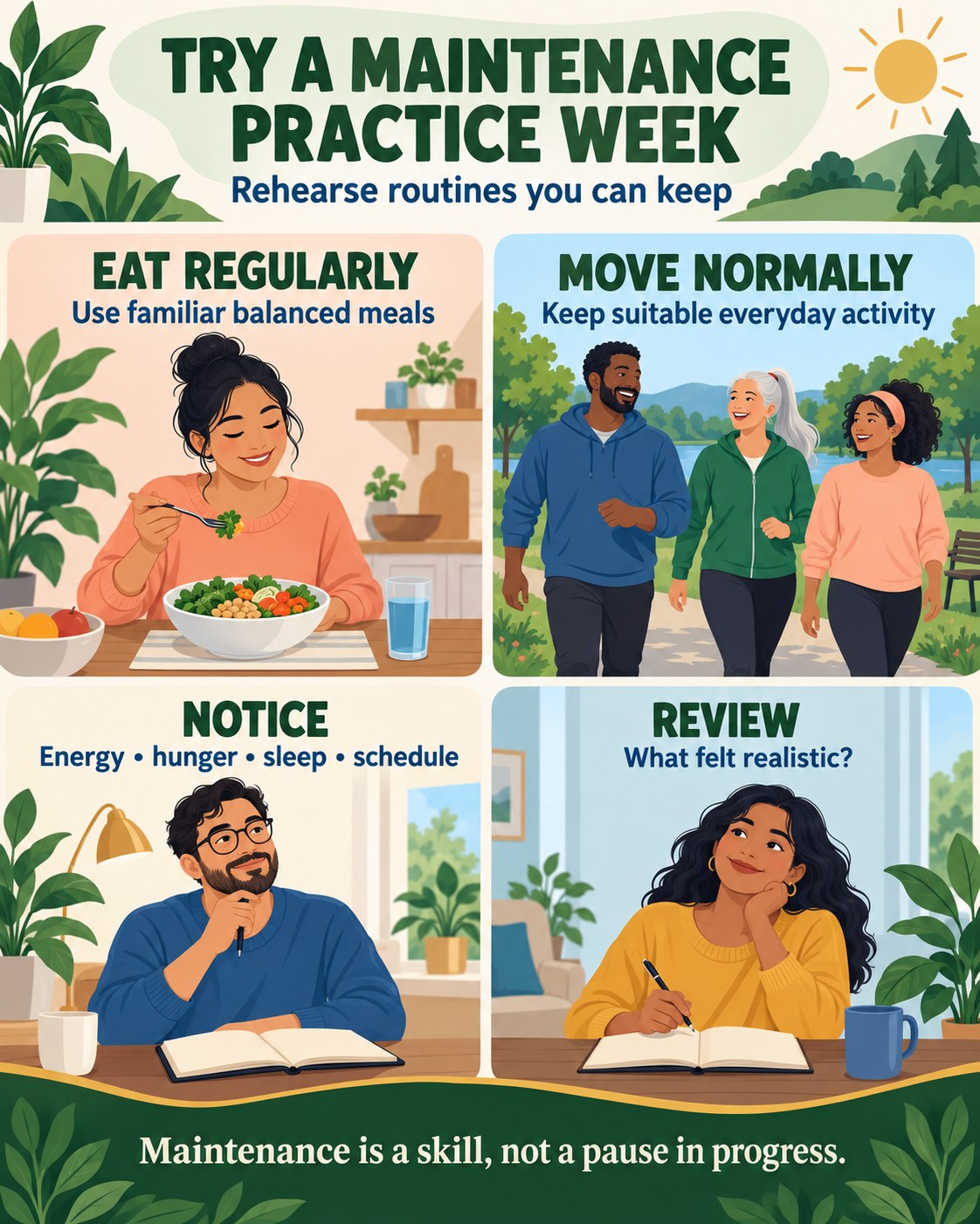Green, blue, peach, gold, and cream infographic showing regular meals, normal activity, noticing, and review during a maintenance practice week.