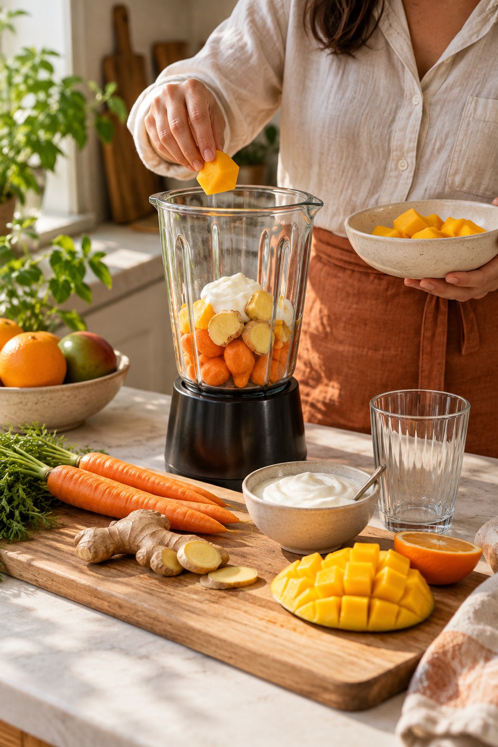 Adult adding mango to a blender with carrot, ginger, orange, and plain yogurt beside an empty glass.