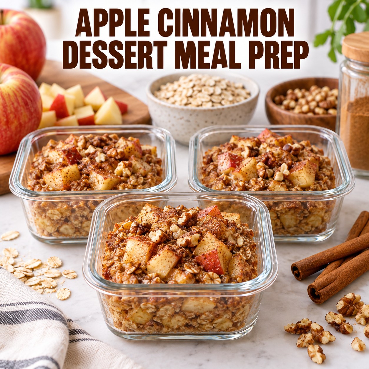 Three containers of make-ahead apple cinnamon oat dessert cups with eggs, oats, apple, and cinnamon.
