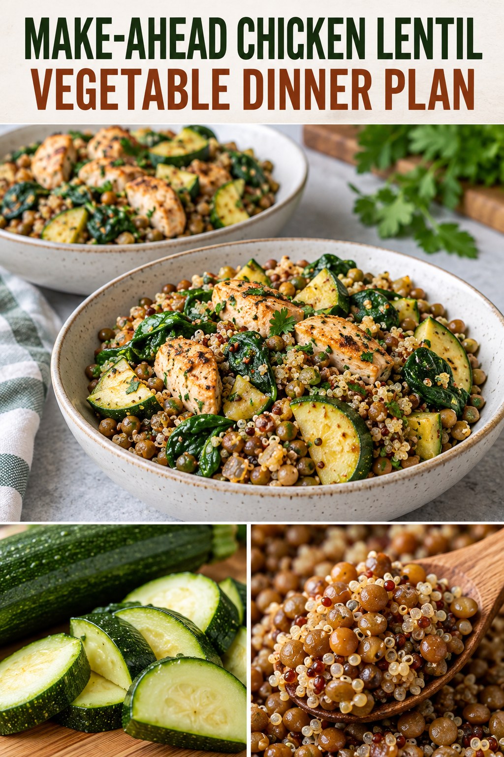 Two servings of make-ahead chicken lentil vegetable dinner plan made with chicken, lentils, and vegetables.