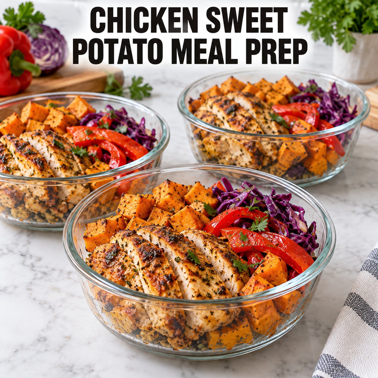 Three containers of make-ahead chicken sweet potato cabbage bowls with chicken, sweet potato, cabbage, and bell pepper.