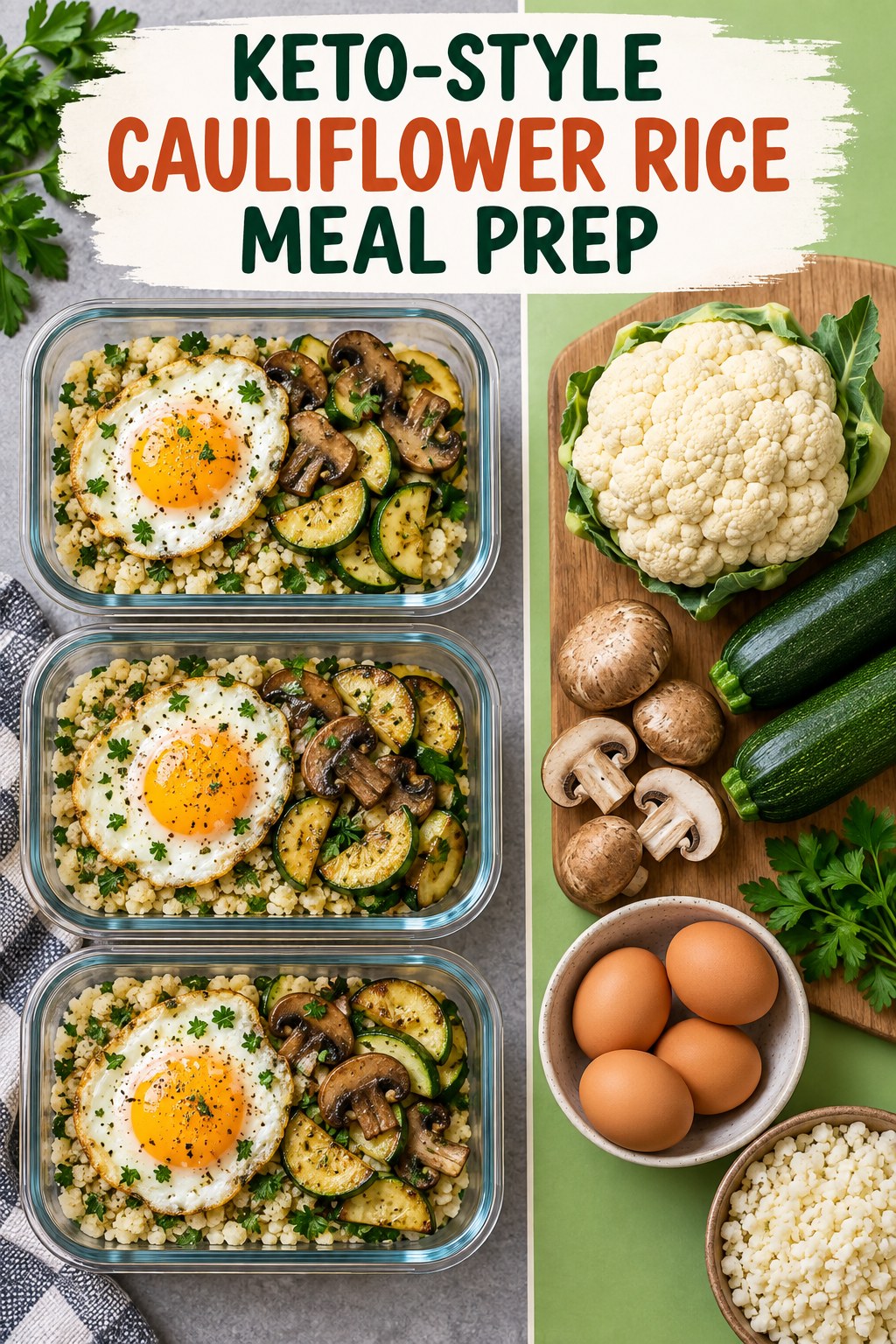 Three containers of make-ahead eggs cauliflower rice zucchini bowls with eggs, cauliflower rice, zucchini, and mushrooms.