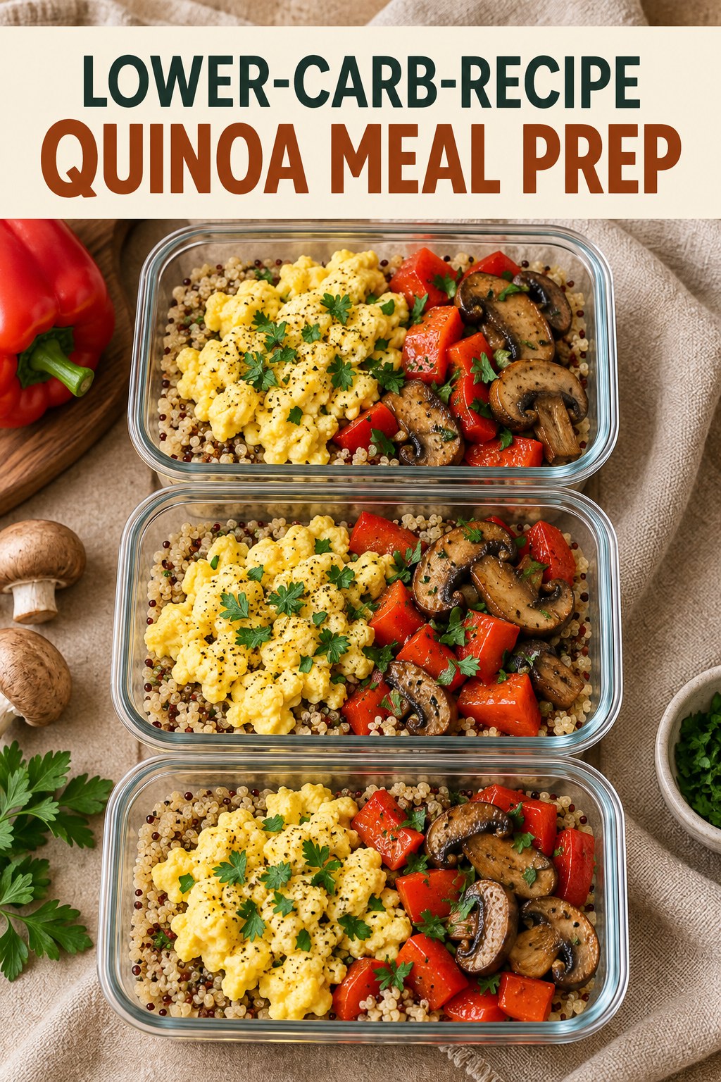 Three containers of make-ahead eggs quinoa bell pepper bowls with eggs, quinoa, bell pepper, and mushrooms.