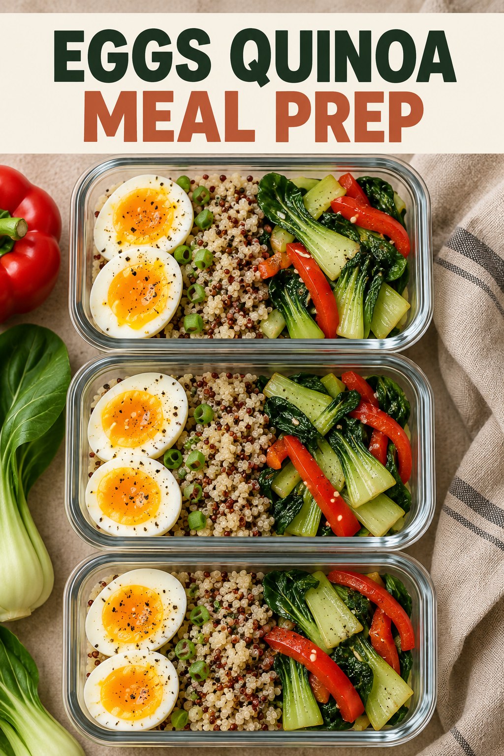 Three containers of make-ahead eggs quinoa bok choy bowls with eggs, quinoa, bok choy, and bell pepper.