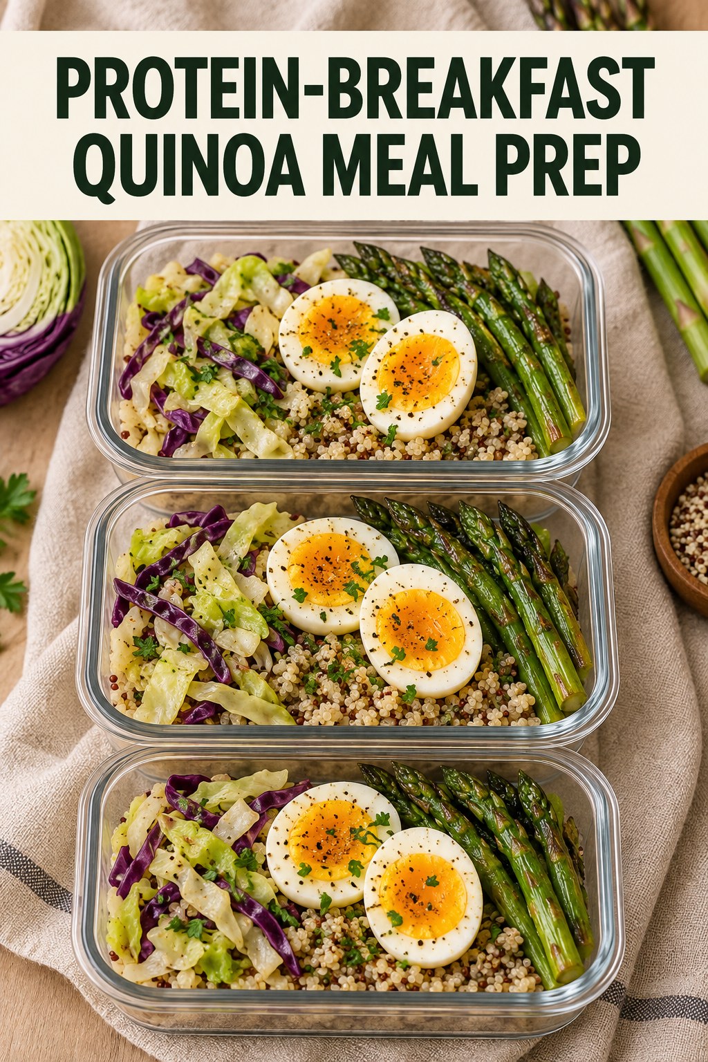 Three containers of make-ahead eggs quinoa cabbage bowls with eggs, quinoa, cabbage, and asparagus.