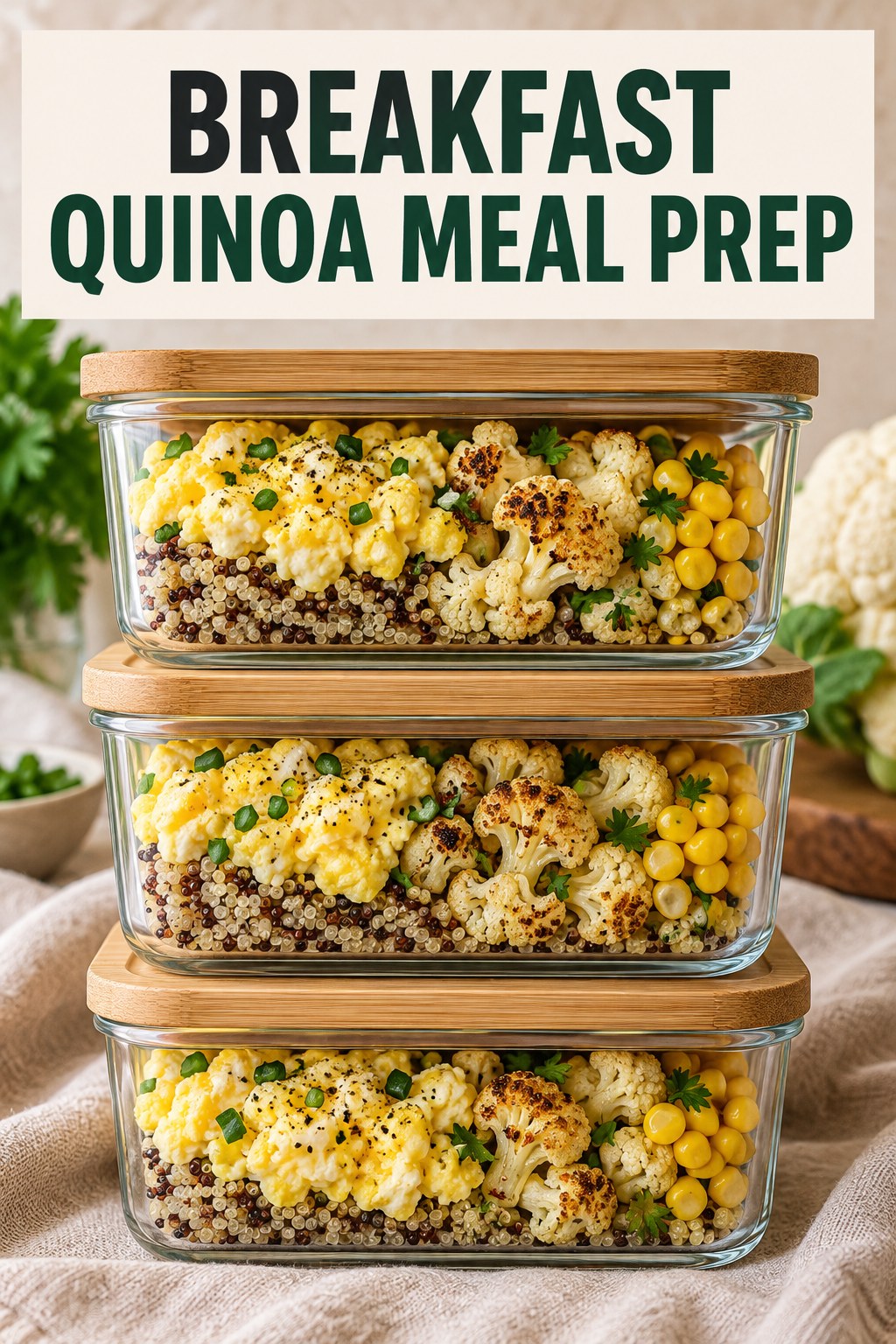 Three containers of make-ahead eggs quinoa cauliflower bowls with eggs, quinoa, cauliflower, and corn.