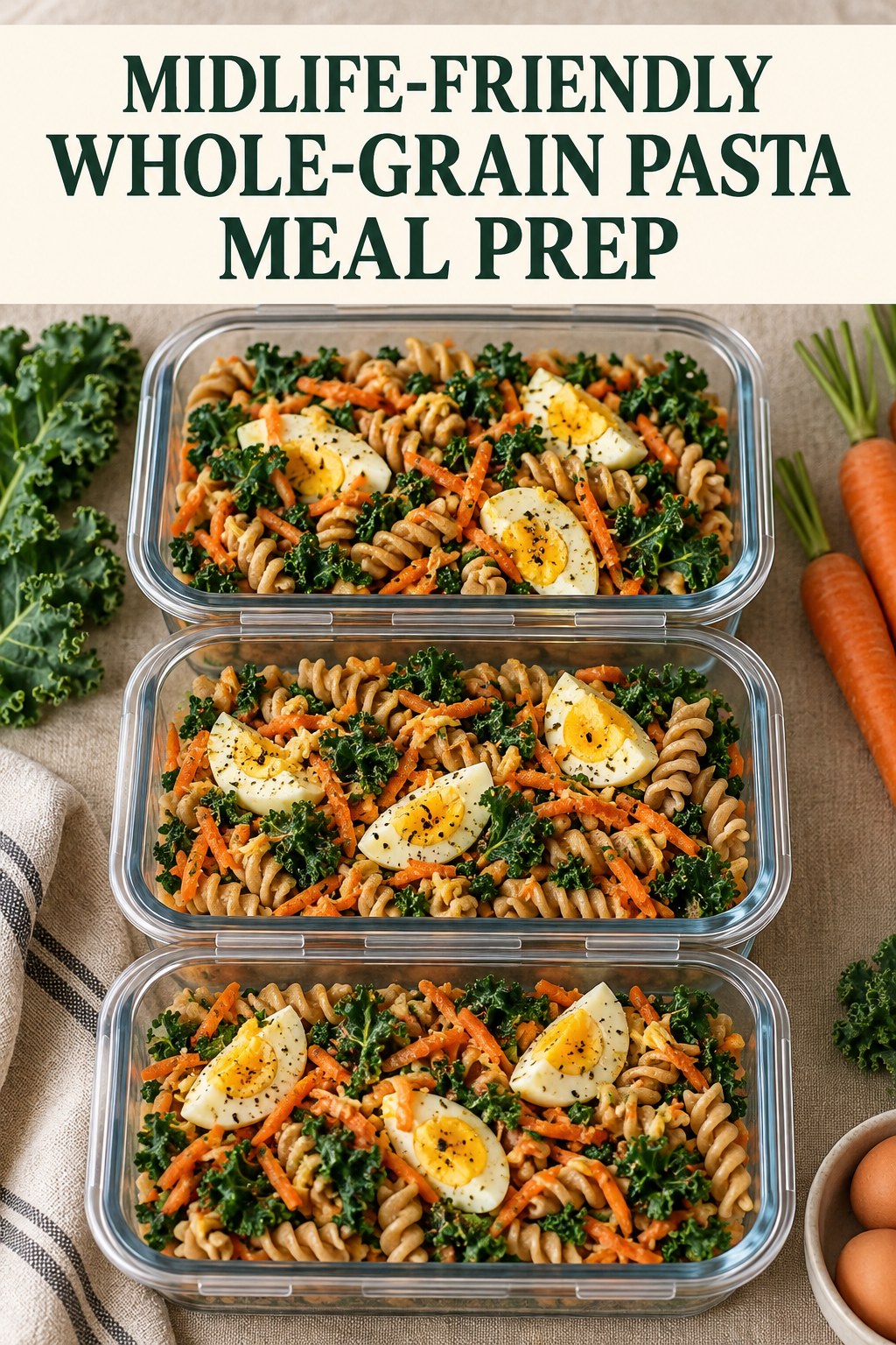 Three containers of make-ahead eggs whole-grain pasta carrot bowls with eggs, whole-grain pasta, carrot, and kale.