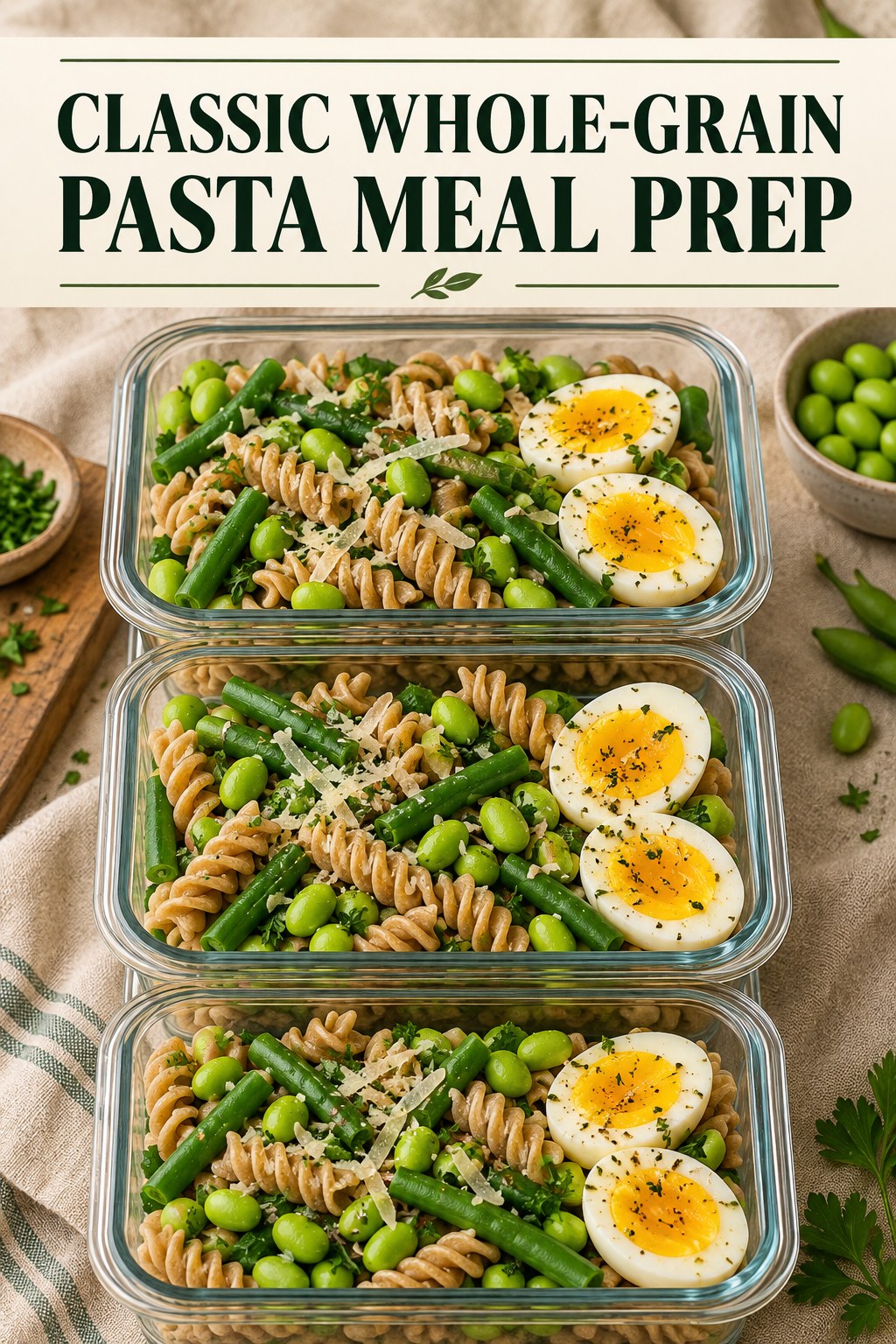 Three containers of make-ahead eggs whole-grain pasta edamame bowls with eggs, whole-grain pasta, edamame, and green beans.