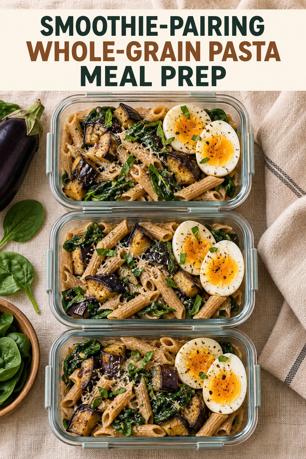 Three containers of make-ahead eggs whole-grain pasta eggplant bowls with eggs, whole-grain pasta, eggplant, and spinach.