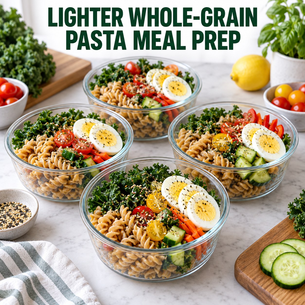 Three containers of make-ahead eggs whole-grain pasta kale bowls with eggs, whole-grain pasta, kale, and Brussels sprouts.