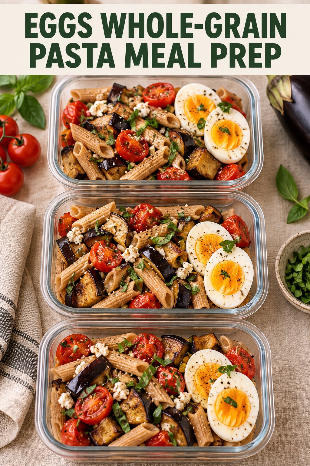 Three containers of make-ahead eggs whole-grain pasta tomato bowls with eggs, whole-grain pasta, tomato, and eggplant.